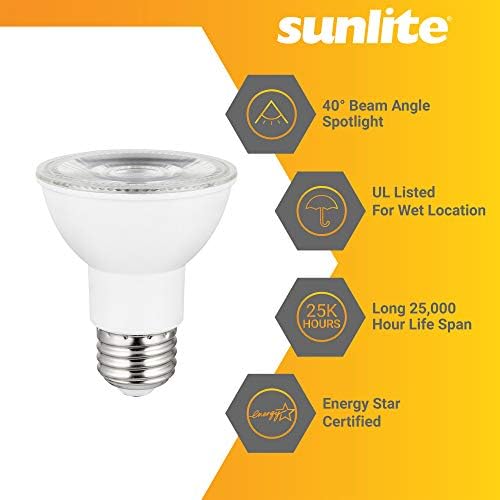 Отразяваща лампа Sunlite 41027-СУ LED PAR20, 7 W (еквивалент на 50 W), 520 Лумена, Средна база E26, С регулируема яркост,