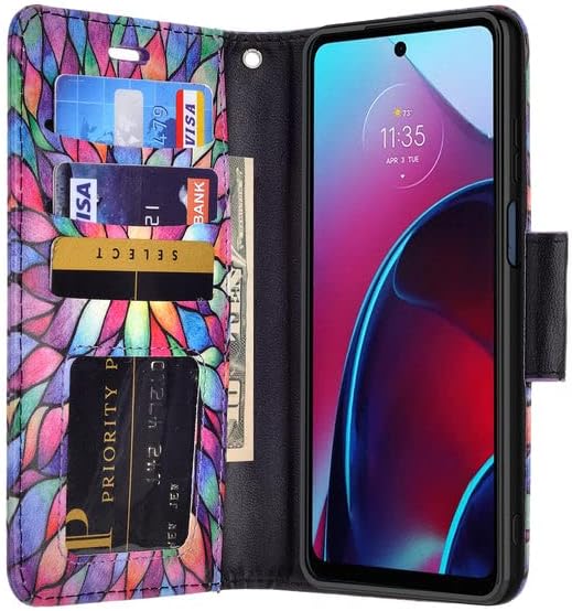 Калъф Galaxy Wireless за Мото G 5G 2022 Калъф за телефон [Стойка] Кожен Калъф-портфейл за Момичета и Жени - Rainbow Flower