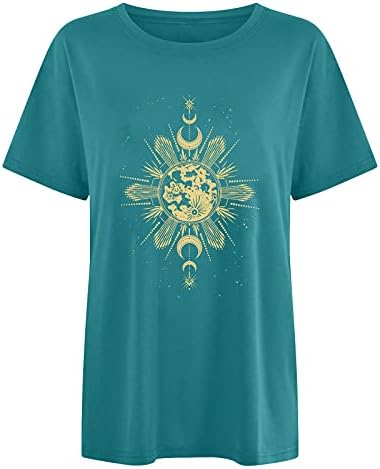 Женска Тениска с изображение на Слънцето и Луната, Върхове с кръгло деколте и Къс Ръкав, Ежедневни Хубава Тениска За